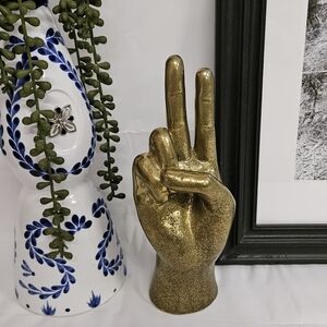 Antiqued Gold Brass Peace Sign Hand Sculpture Bookshelf Tabletop Desk Decor